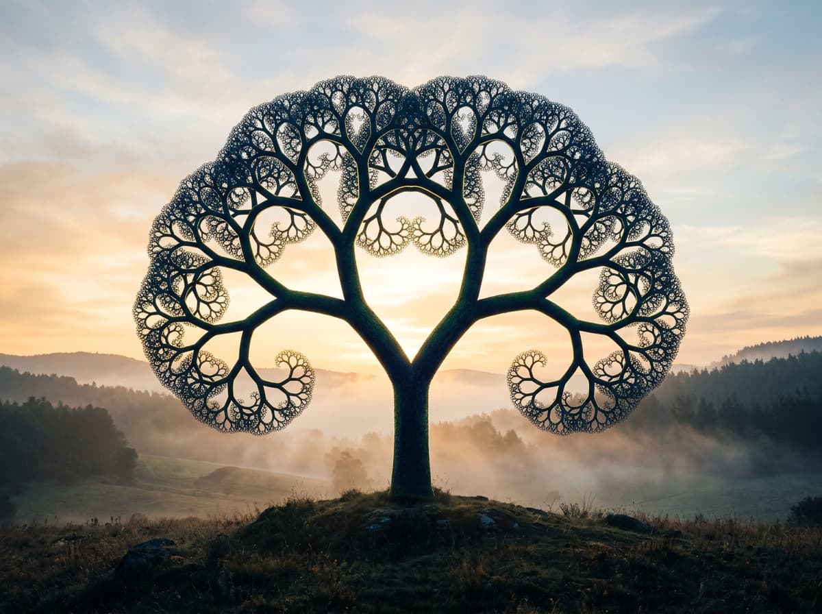 A fractal tree whose branches repeat the same pattern at every scale — compounding growth