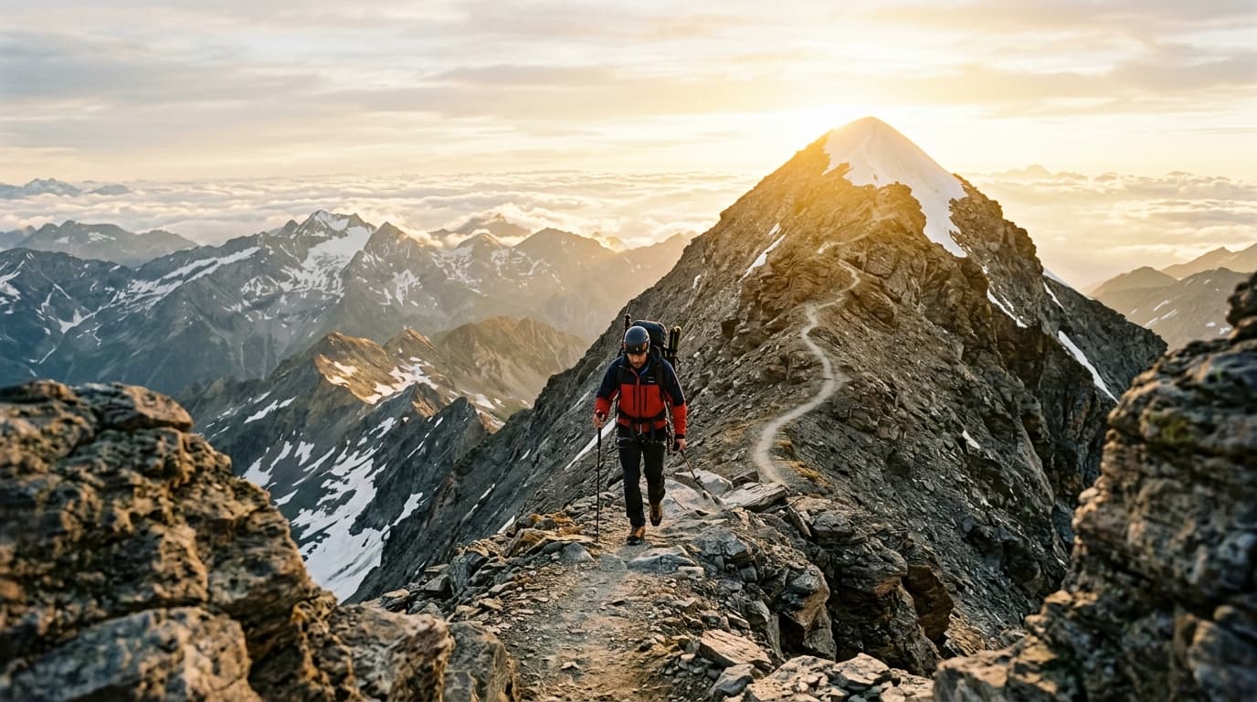 A mountaineer ascending toward the summit at sunrise